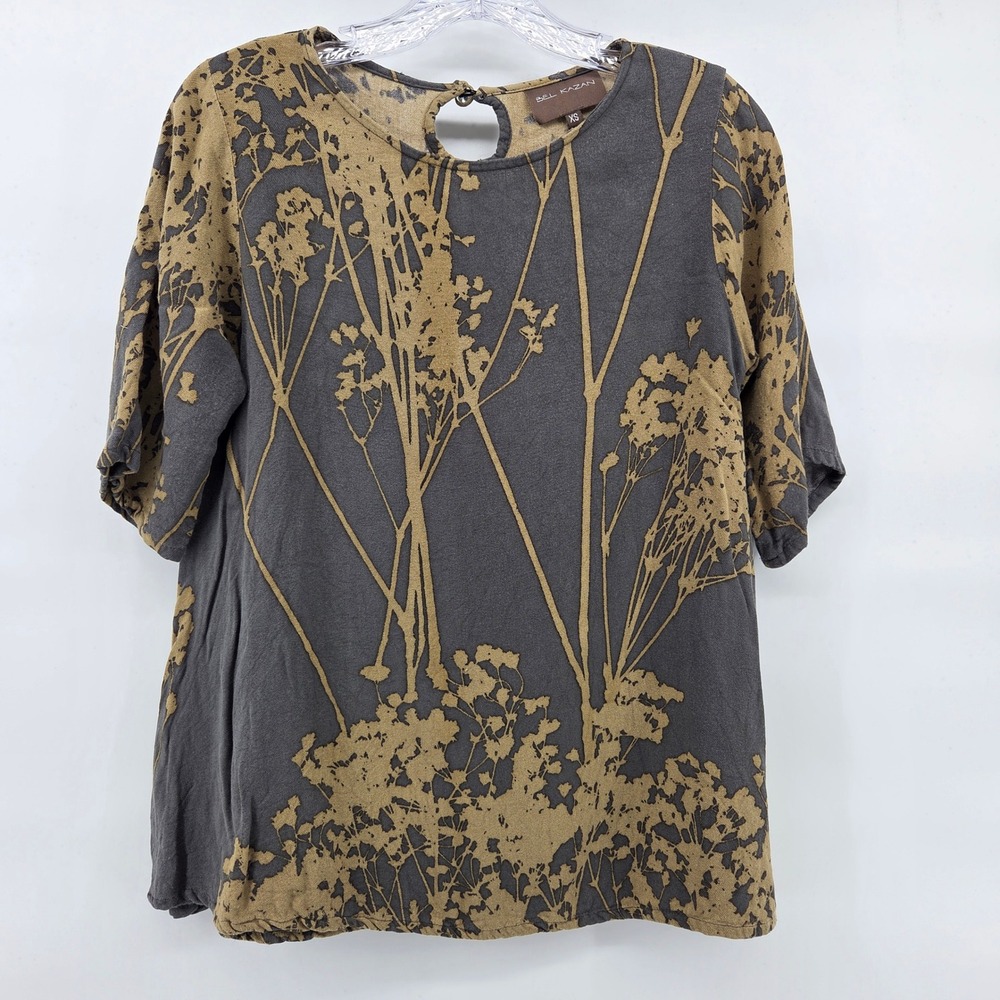 Bel Kazan Top XS Grey Mustard Rayon Floral Lagenlook‎ Artsy Minimalistic